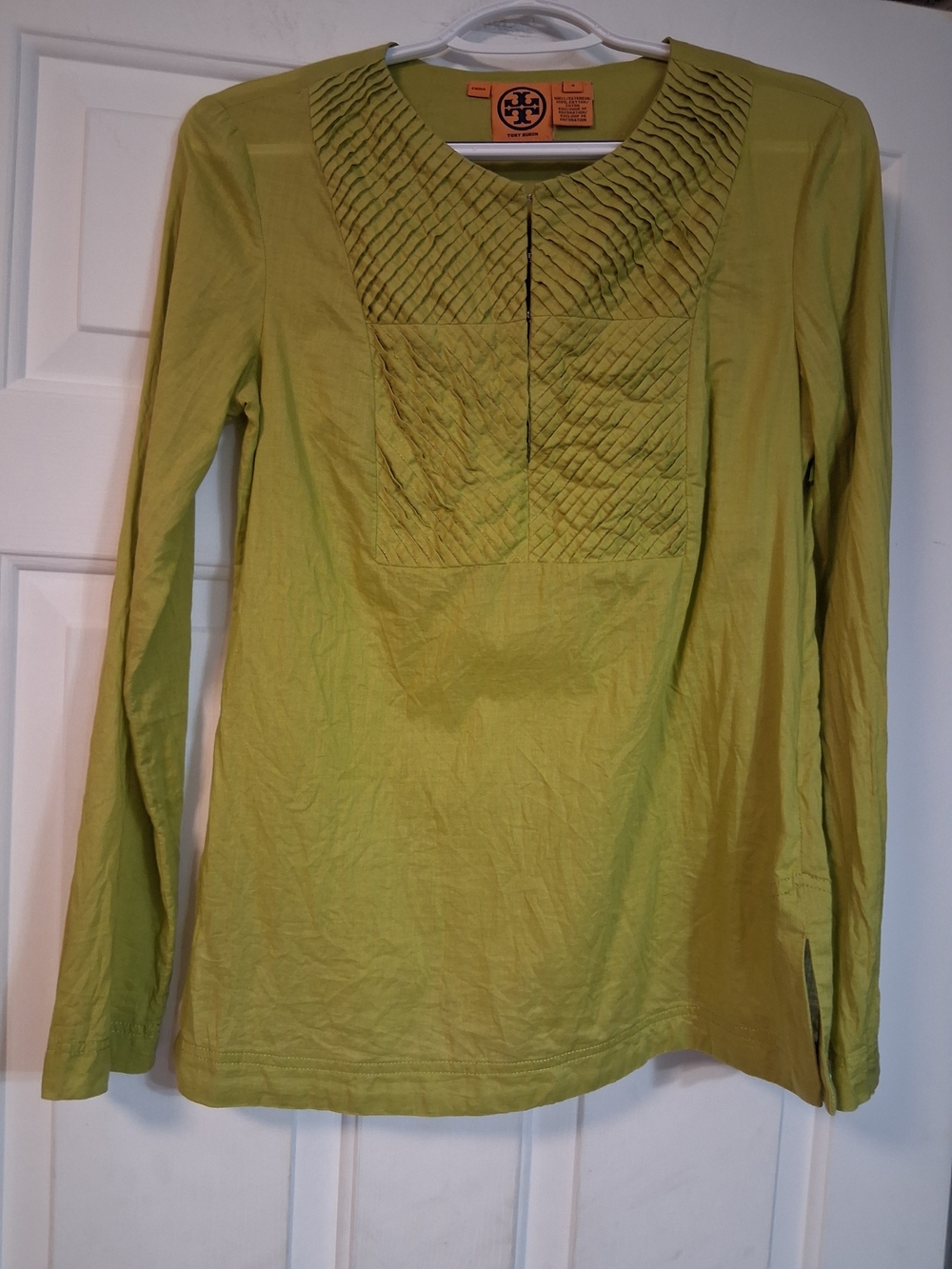 Tory Burch Lime Green Pintuck Long-Sleeve Tee Casual Lightweight Blouse Sz 4